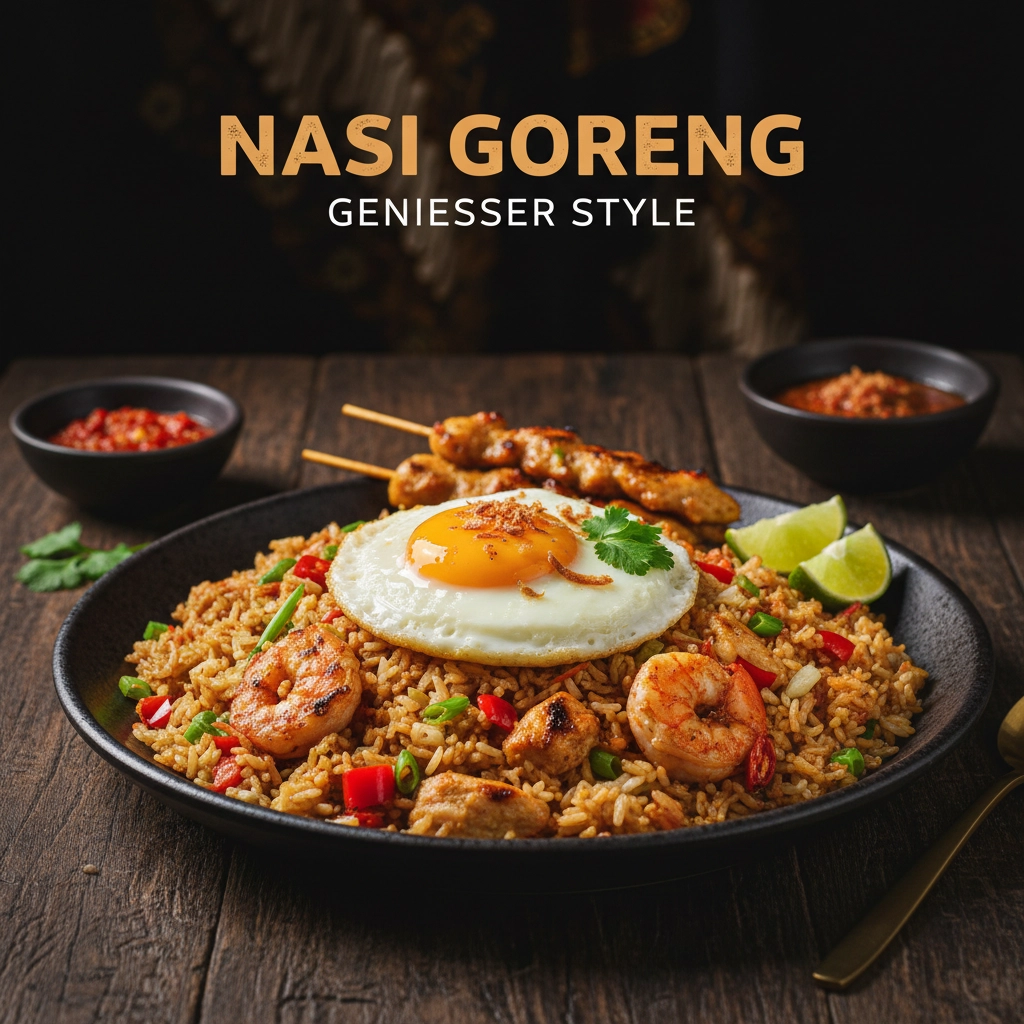 Nasi Goreng auf weißem Teller serviert mit Spiegelei, umgeben von frischen asiatischen Kräutern und traditioneller Deko