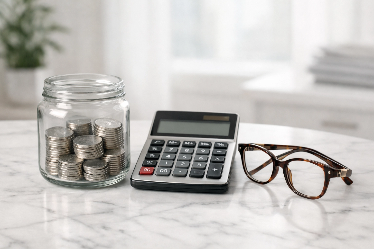 Calculator and coins on a desk representing self-employment tax planning and gig economy tax preparation.