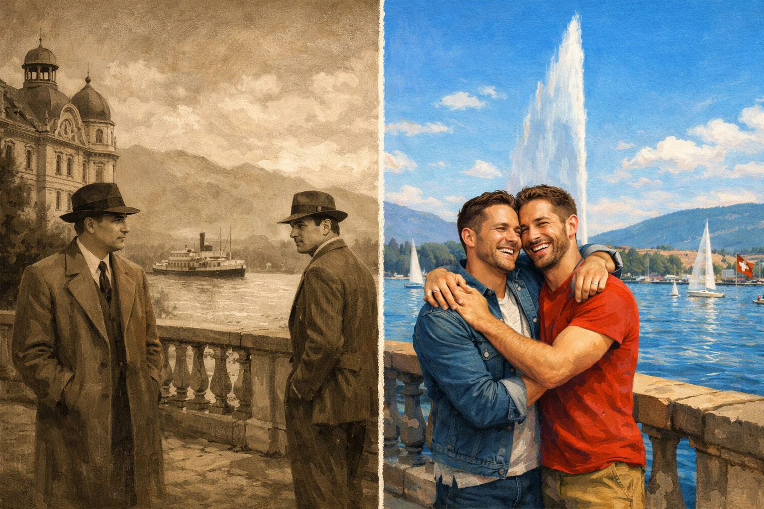 Geneva lakeside then and now: 1950s closeted gay couple versus modern men embracing freely by Jet d'Eau fountain