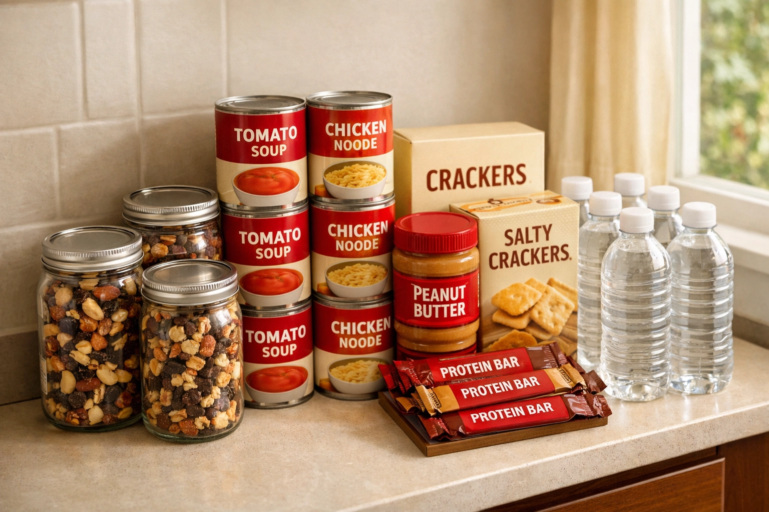 Organized emergency food supplies including canned goods, snacks and water for blackout prep How to Prep Your Apartment for Winter Blackouts in Under $50 (No Garage Required)