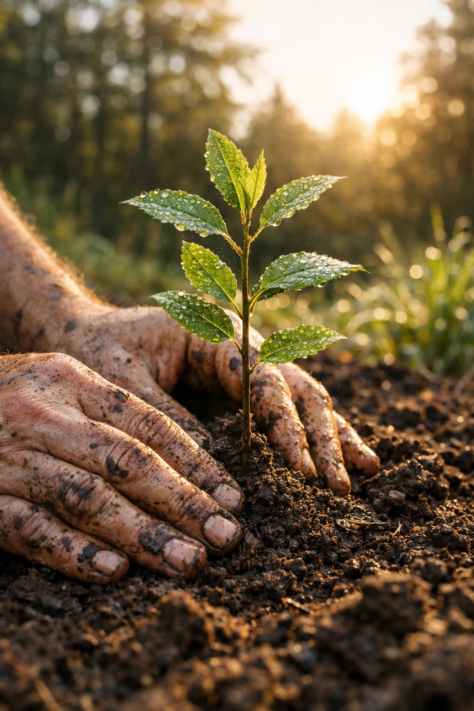 Close-up of hands planting a native sapling to restore wildlife habitats and ecosystems.