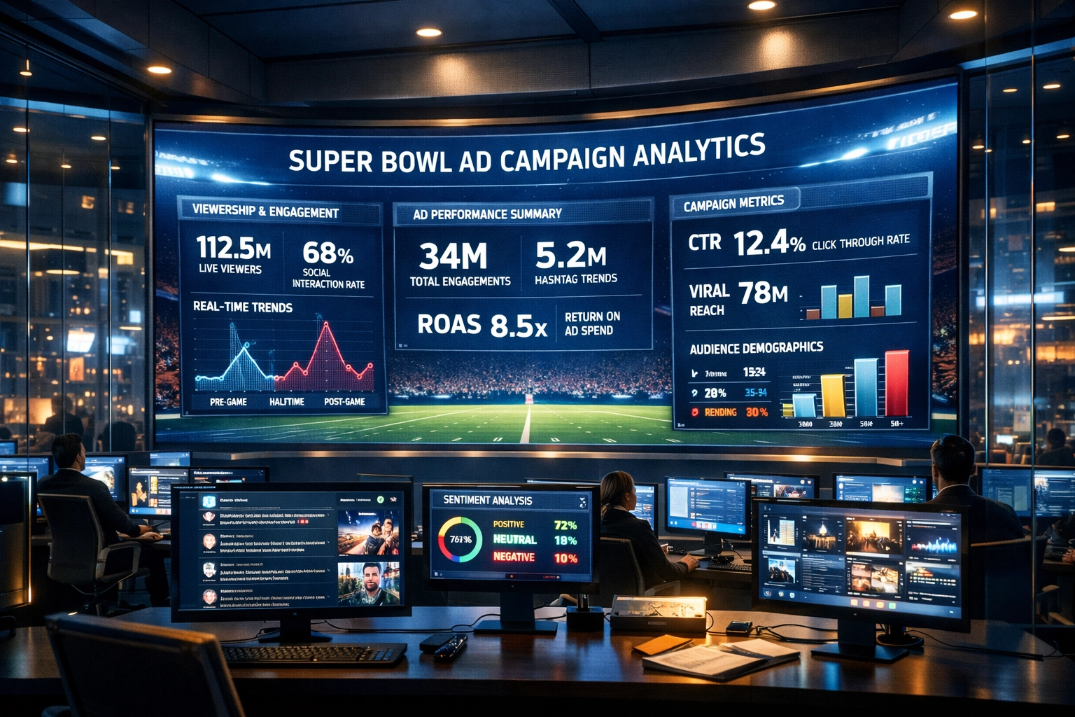 Strategic command center displaying Super Bowl advertising analytics and campaign metrics