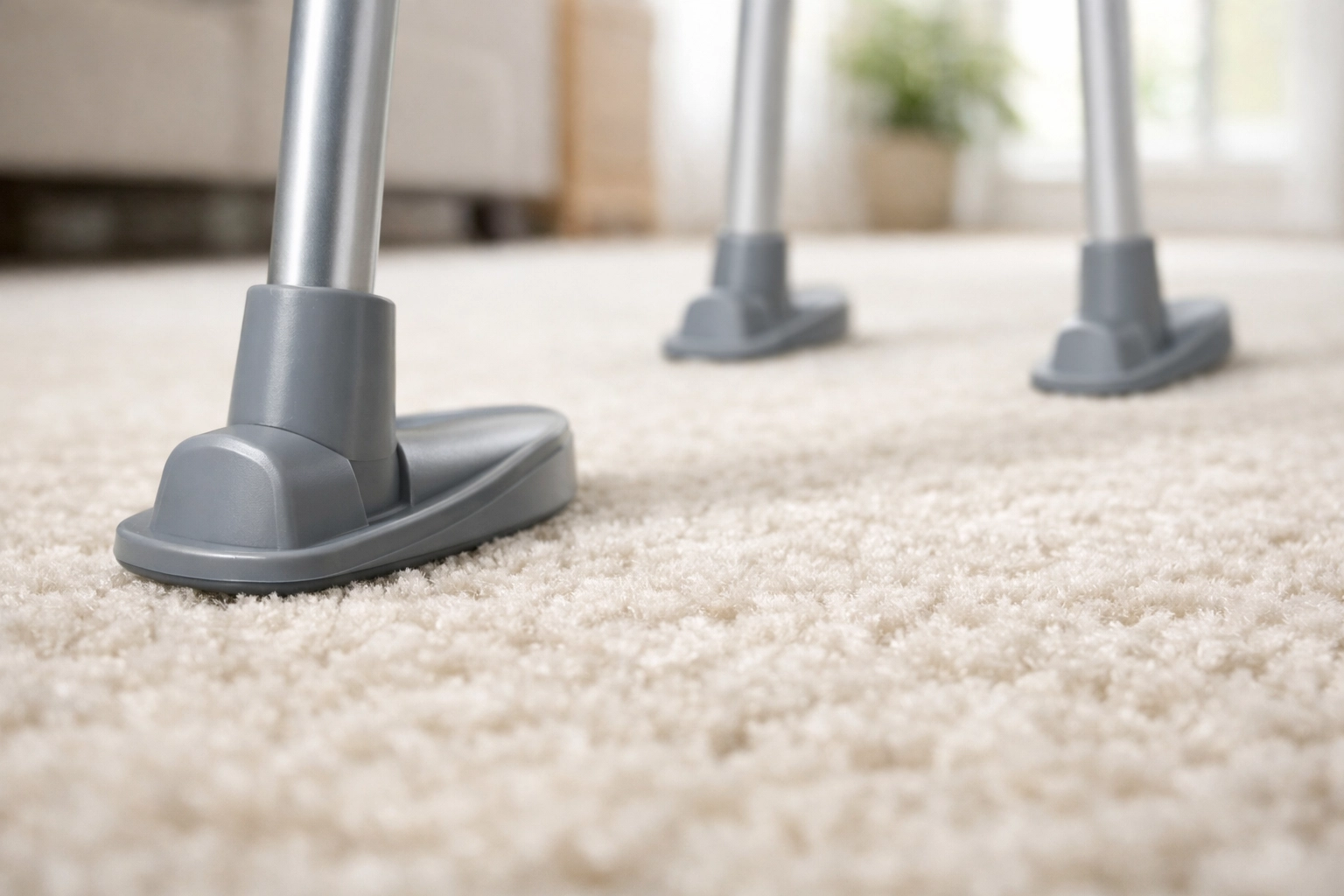 Close-up of a walker with plastic glide skis for smooth movement on carpeted home surfaces.