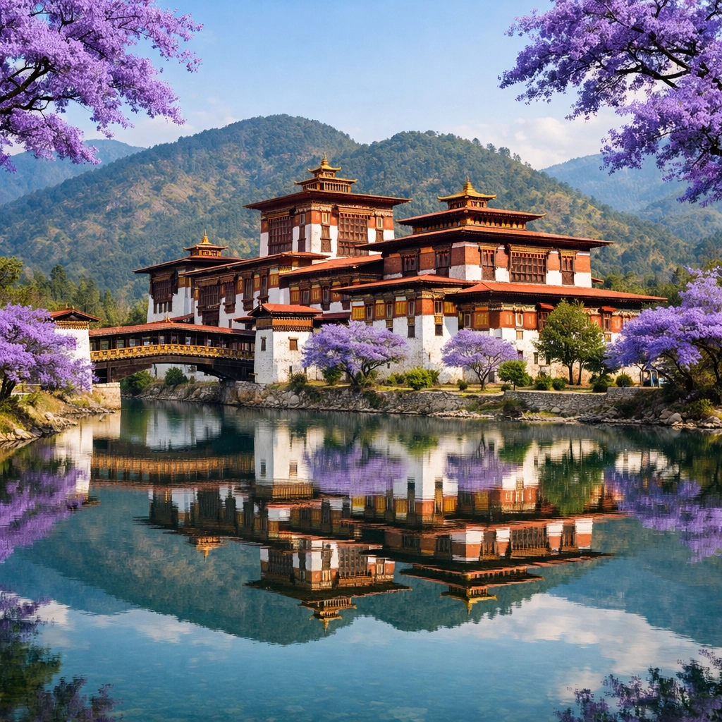 Symmetrical view of Punakha Dzong fortress framed by blooming purple jacaranda trees near the river.