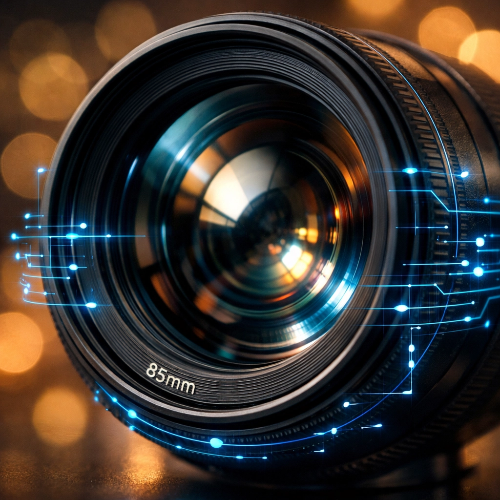 A camera lens representing how to integrate AI photo editing with your workflow without losing your style.