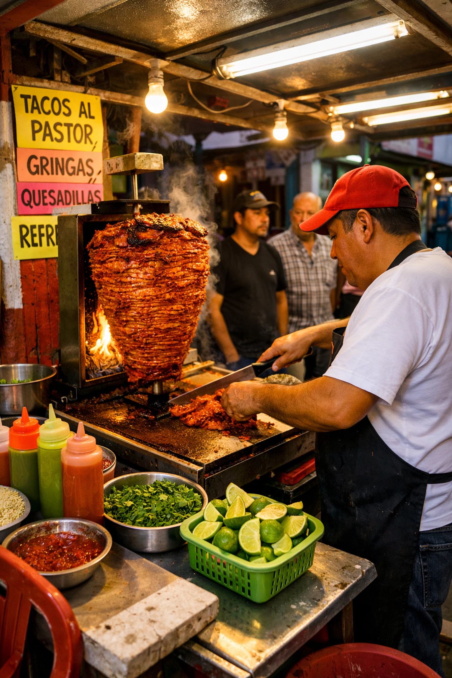 Local taco vendor preparing tacos al pastor at authentic Puerto Vallarta street stand