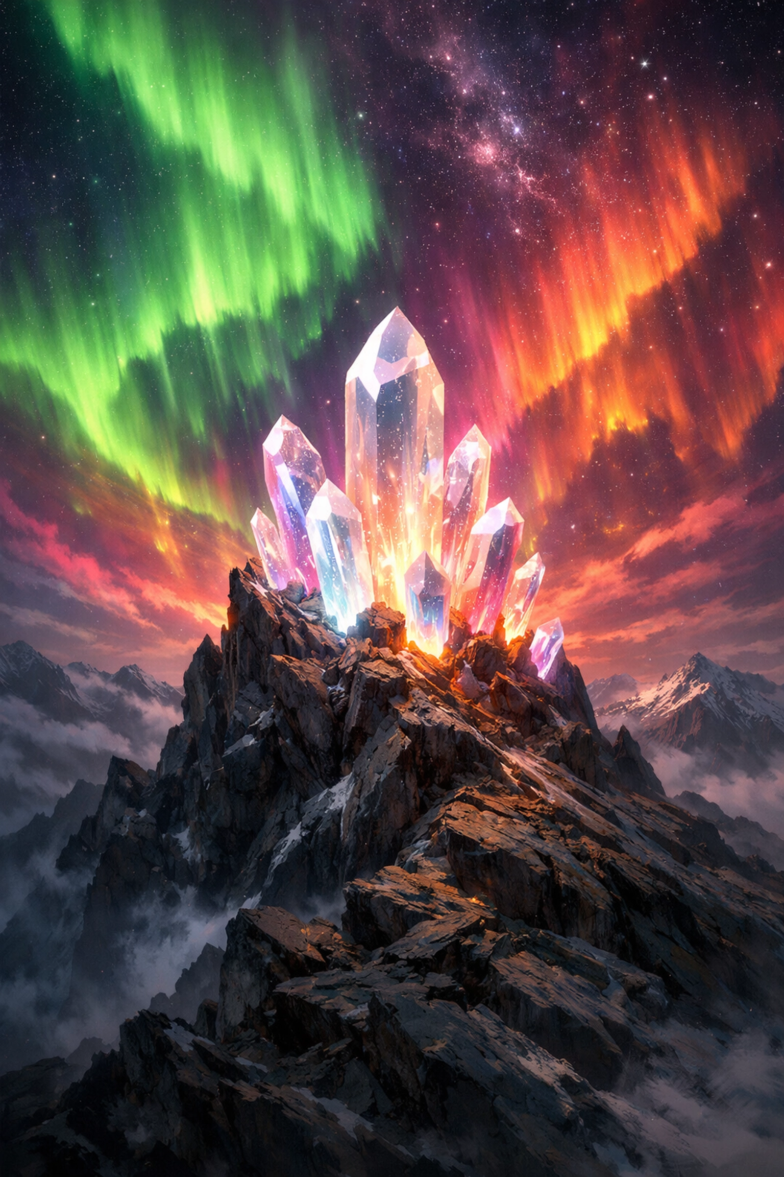 Crystalline mountain summit under an aurora borealis symbolizing grounded leadership and visionary success.
