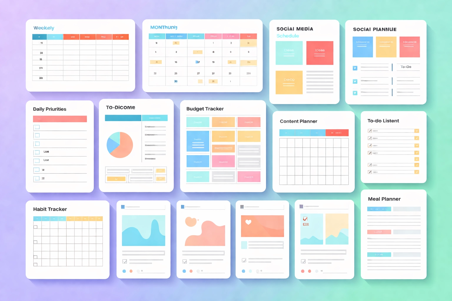 Grid of digital planners, calendars, and templates illustrating popular downloadable products for online sales