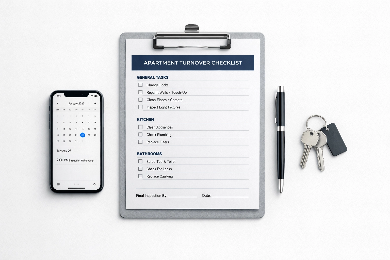Apartment turnover checklist with keys and scheduling tools for property managers