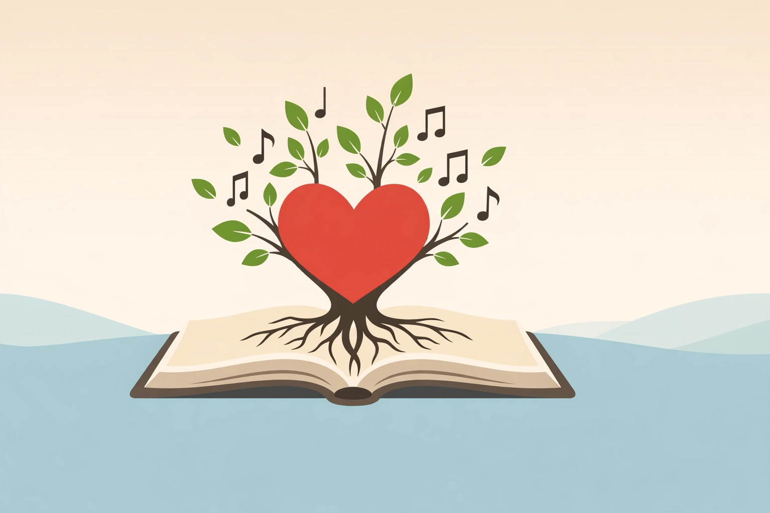Minimalist full-bleed illustration of a heart rooted into an open Bible with music notes as fruit, no text