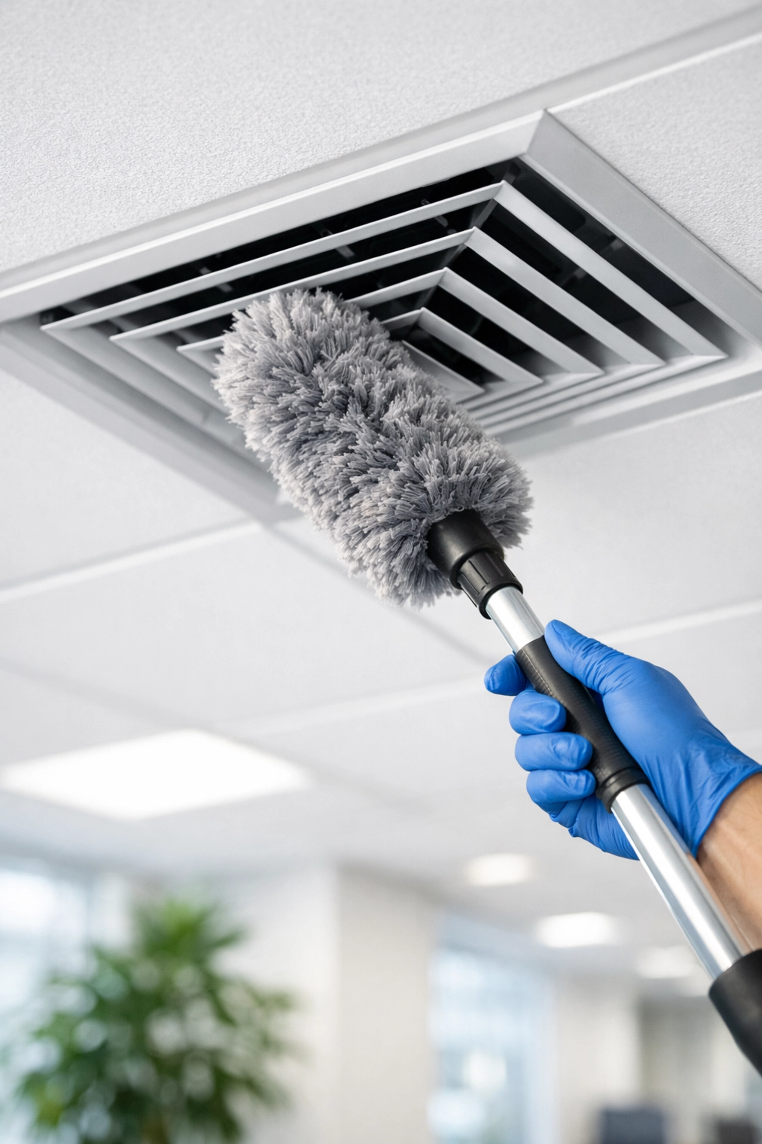 Cleaner dusting an office vent, part of comprehensive window cleaning in Westchester NY and facility maintenance.