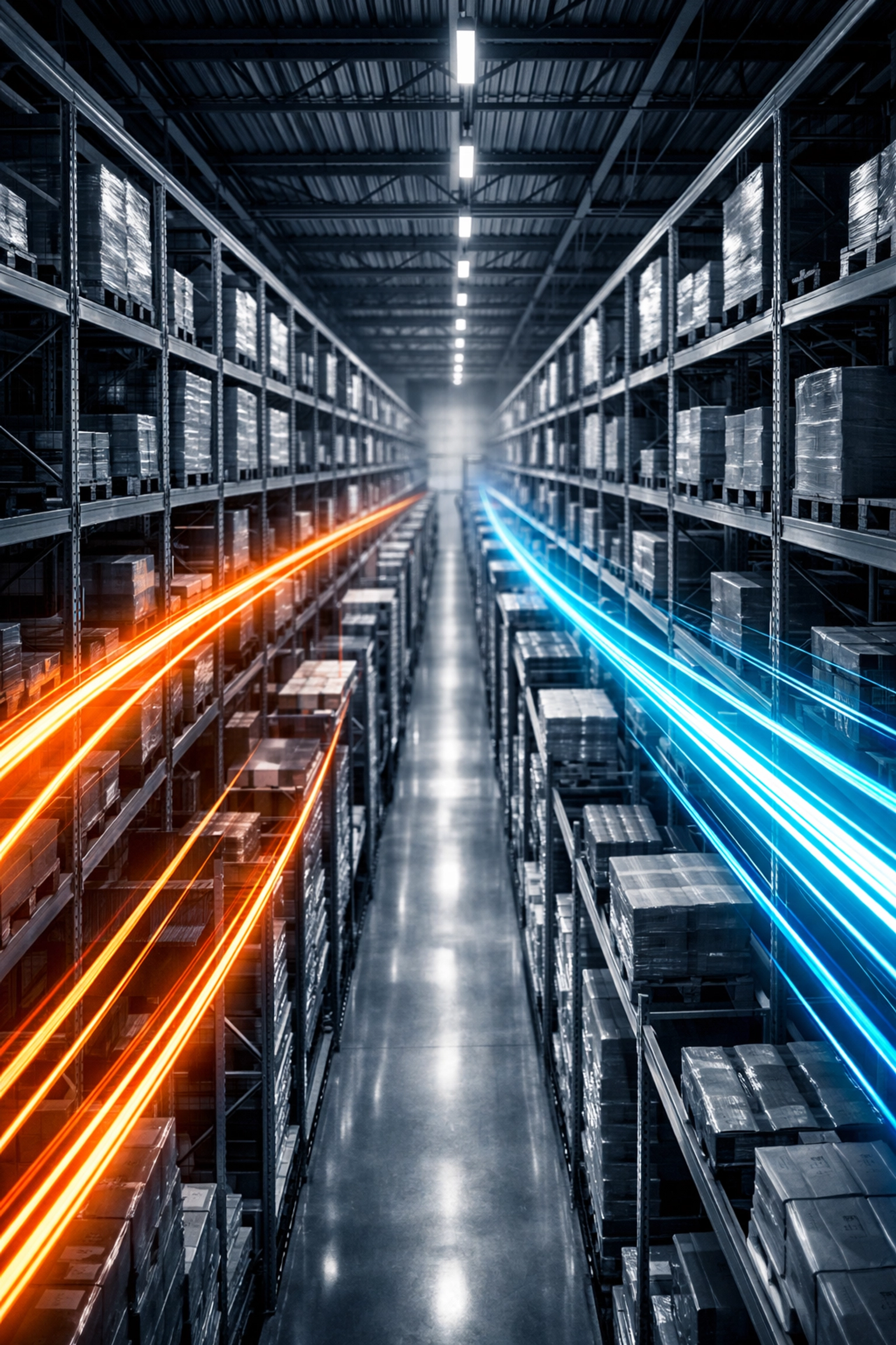 Vast modern warehouse with organized shelving representing efficient inventory management.