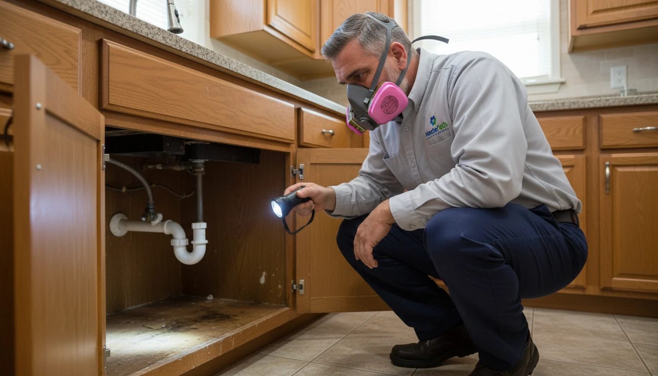 Small black mold spots and a yellowish water stain on a drywall corner after water damage in Charlotte. A realistic photo of a drywall corner showing a light brown water stain and small, scattered black mold spots near the baseboard. No dramatic lighting.