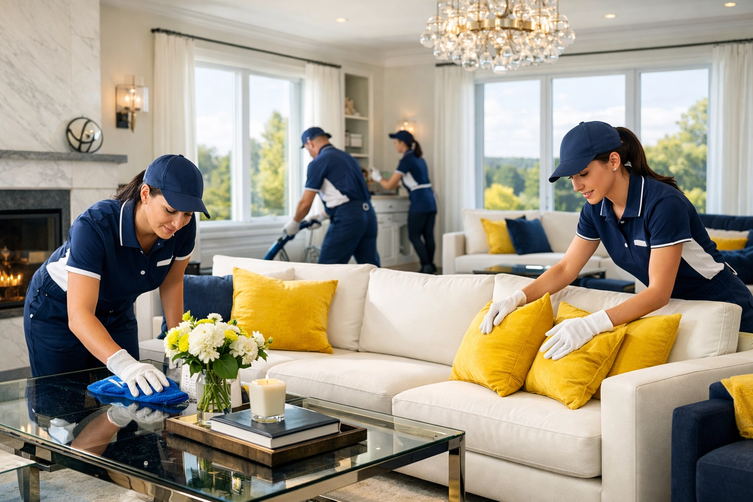 Professional cleaners in navy uniforms performing house cleaning services MA in a luxury living room.
