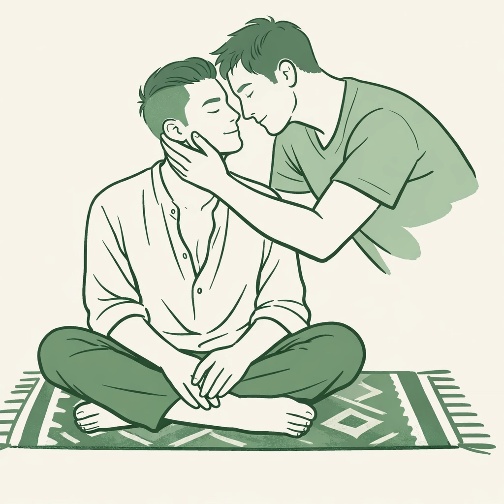 A tender MM couple in a minimalist green illustration symbolizing non-binary gender identity and queer love.