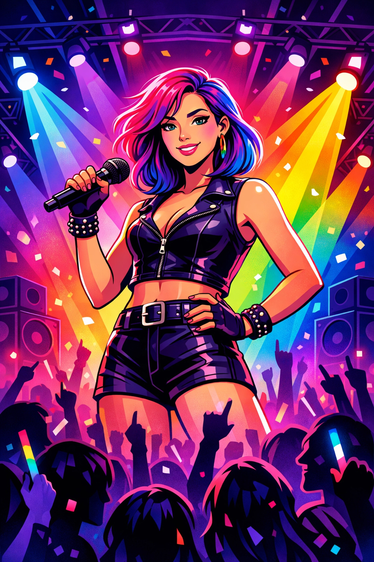 Female pop singer performing on stage with rainbow lights celebrating queer visibility in music