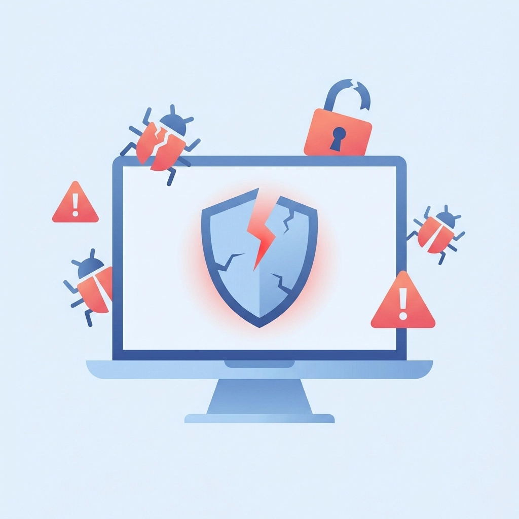 Vector image of a computer with a cracked security shield, highlighting cyber threats and security vulnerabilities