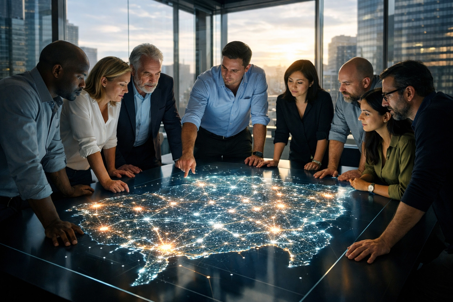 Executives collaborating around a digital map to plan national workforce infrastructure for scaling talent.