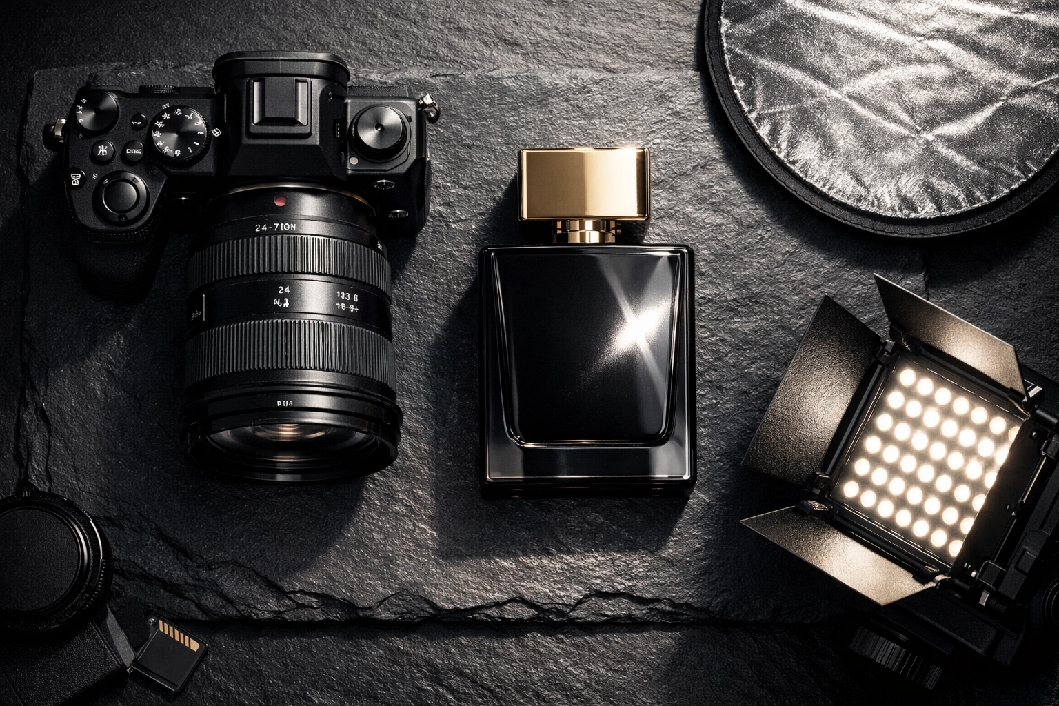 Commercial product photography setup with camera gear and luxury brand bottle on a dark surface.