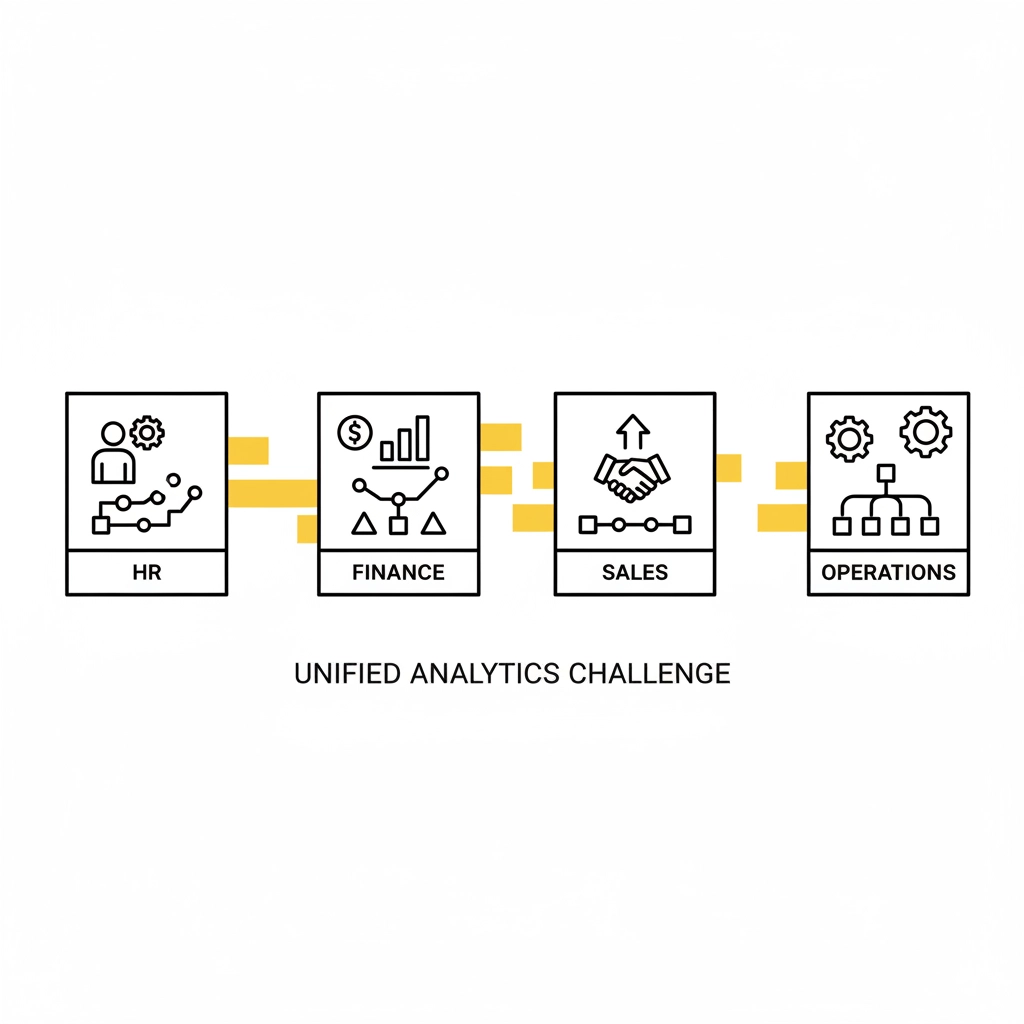 Icons represent HR, Finance, Sales, and Operations linked by yellow lines on a white background. Text reads "Unified Analytics Challenge."