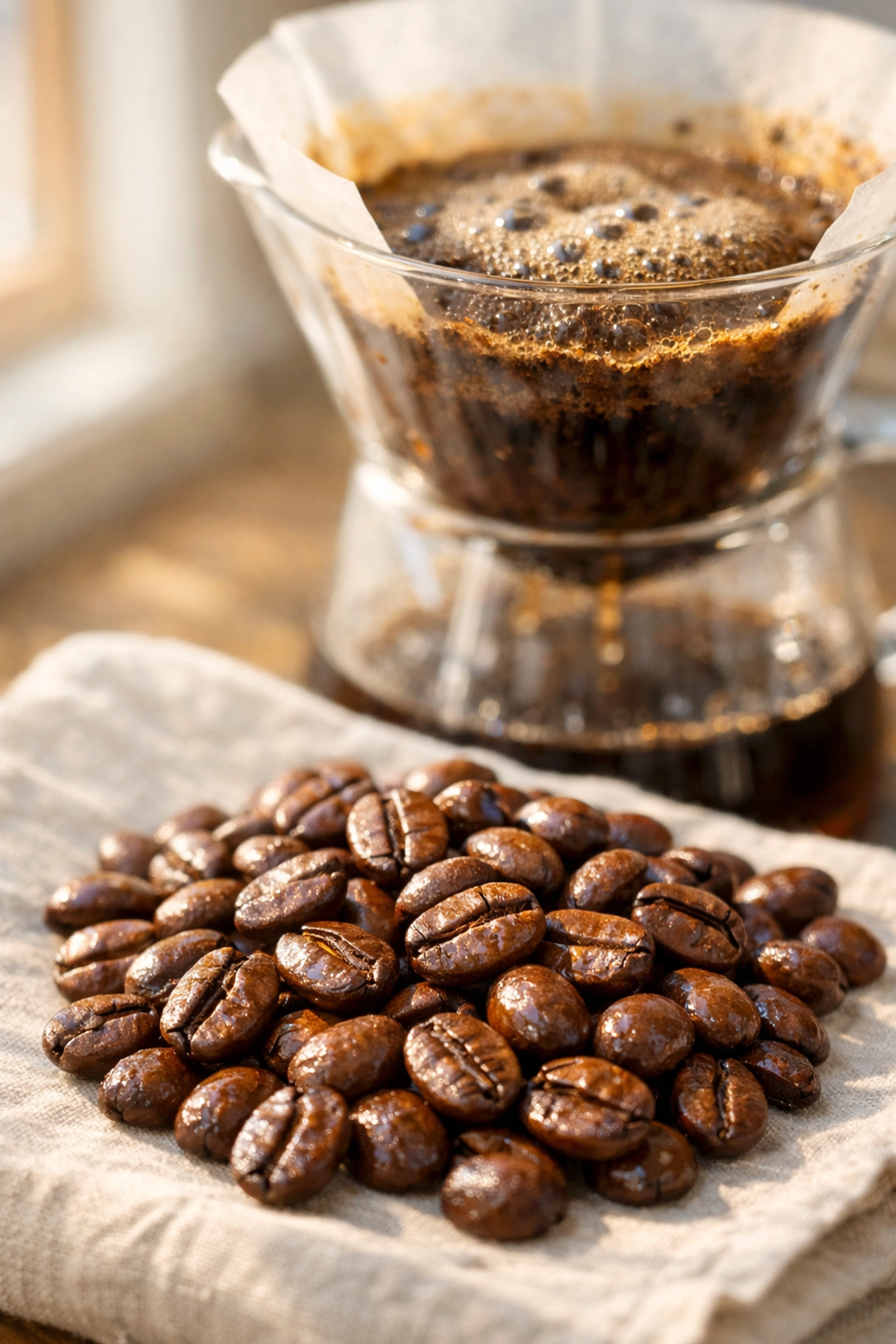 Freshly roasted coffee beans next to a glass pour-over brewer showing the degassing bloom process.