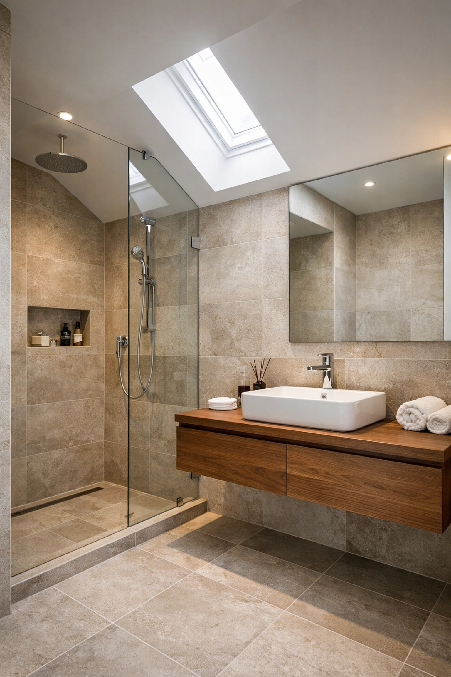 Luxury ensuite bathroom with skylight in a Surrey loft conversion highlighting premium interior finishes.