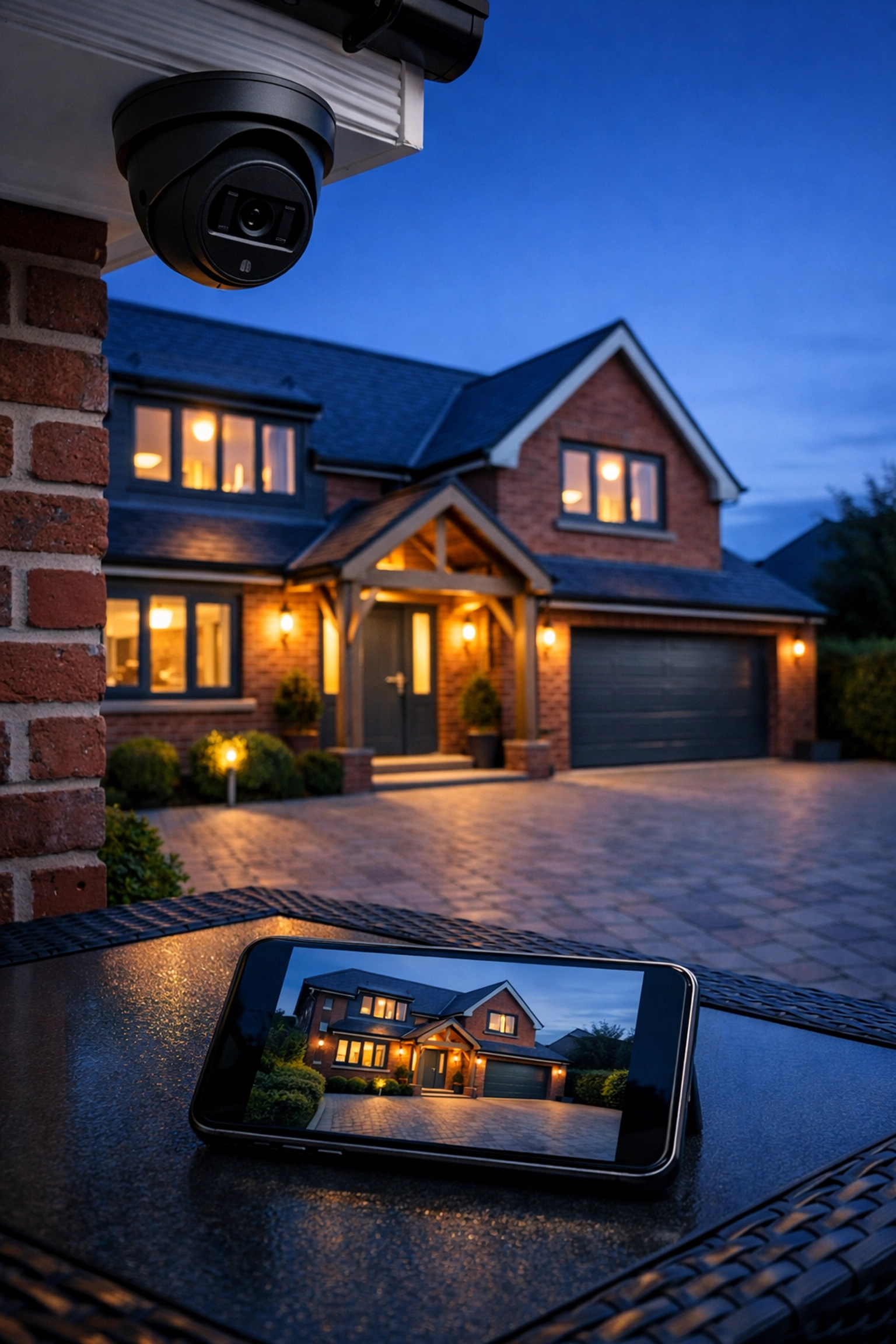 Professional 4K home CCTV camera installation on a UK brick house with mobile app remote monitoring.