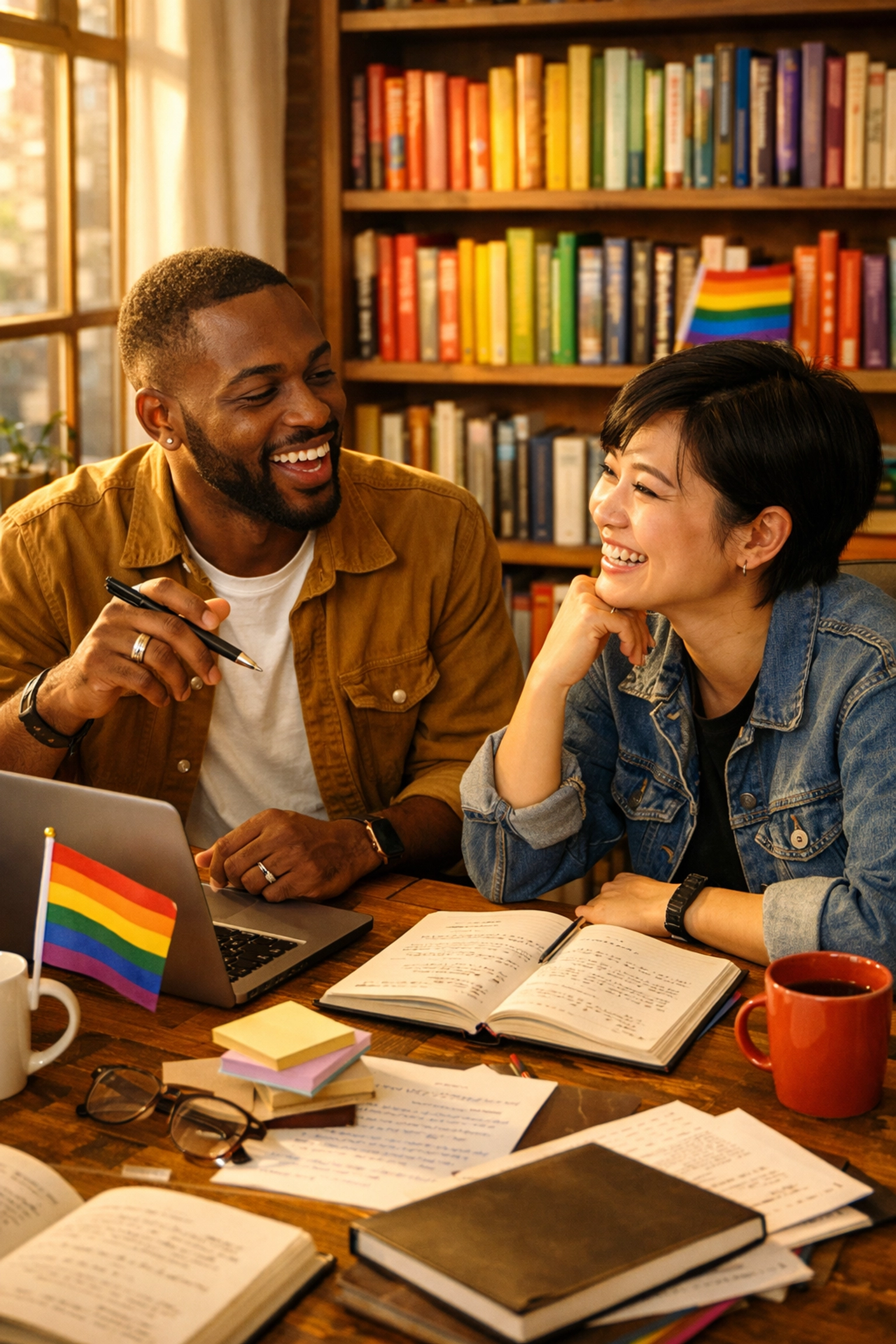LGBTQ+ authors collaborating at table in queer writer community workspace