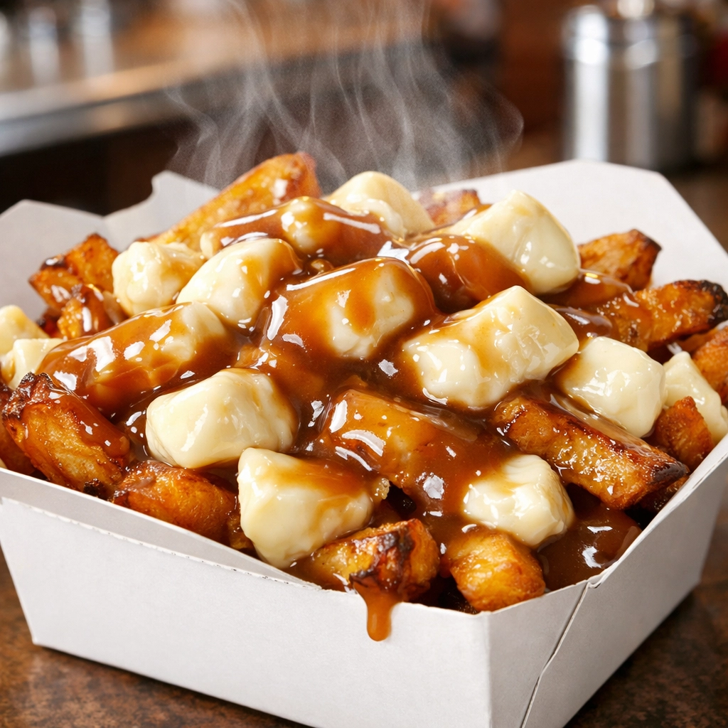 Classic Quebec poutine with squeaky cheese curds and gravy in a traditional Montreal diner setting.