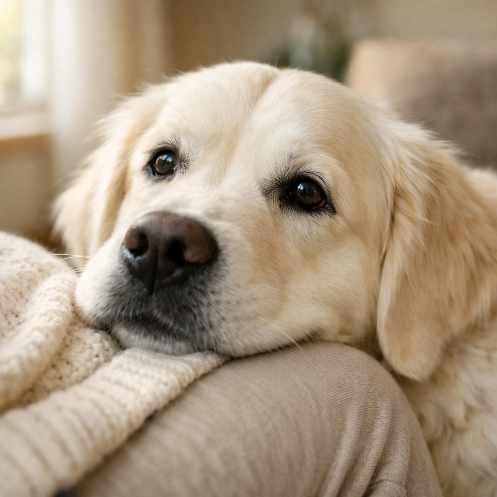 English Cream Golden Retriever providing emotional support by resting its head on a person’s lap.