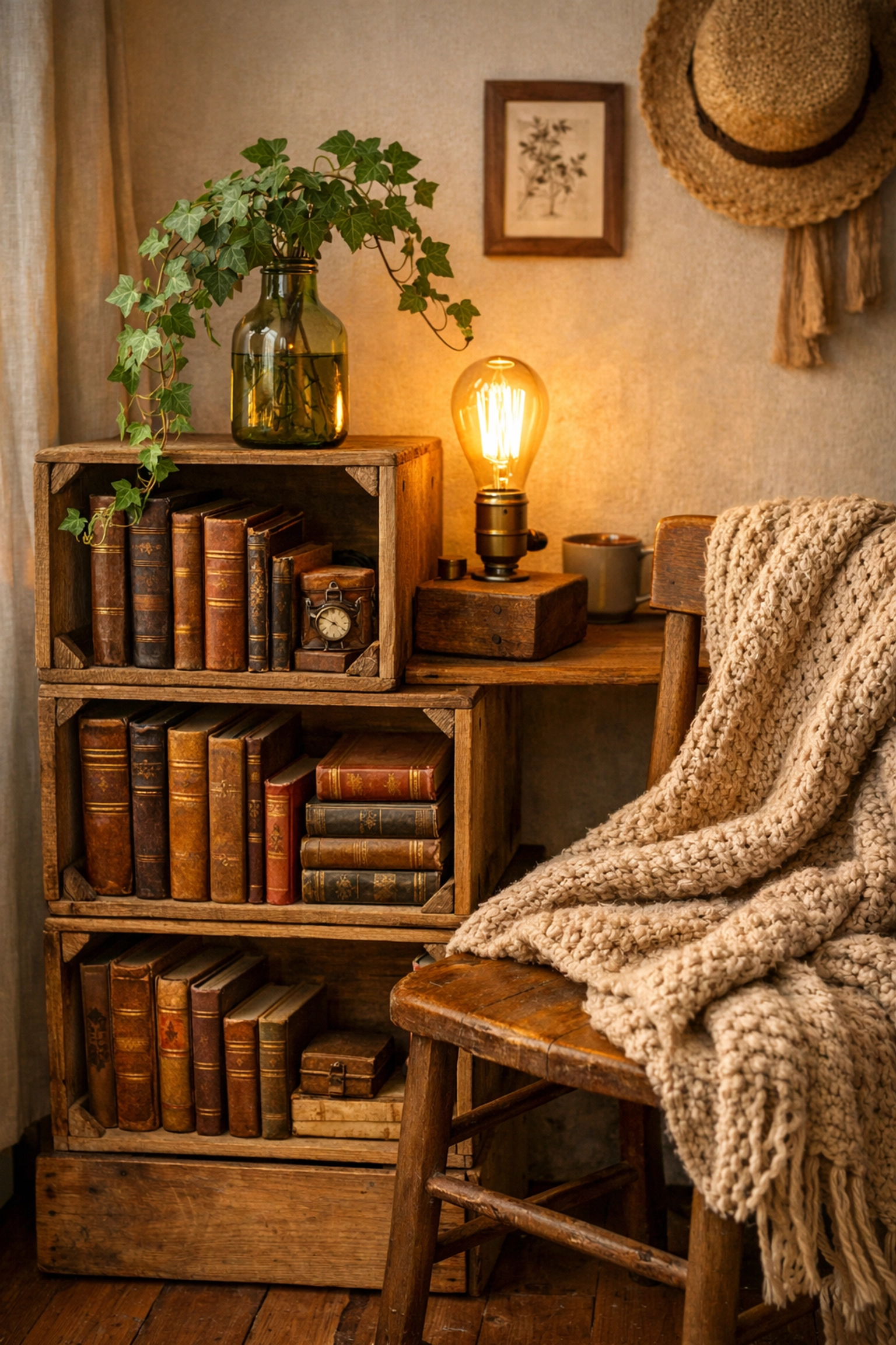 Repurposed wooden crates used as a functional bookshelf in a cozy nook with unique handmade gifts.
