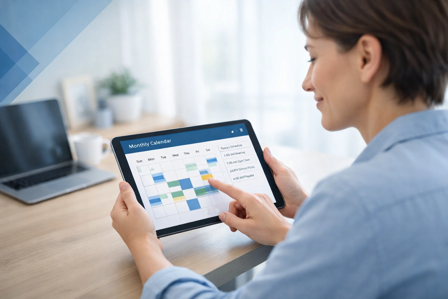 Parent tracking visitation schedule on a tablet to maintain court order compliance.
