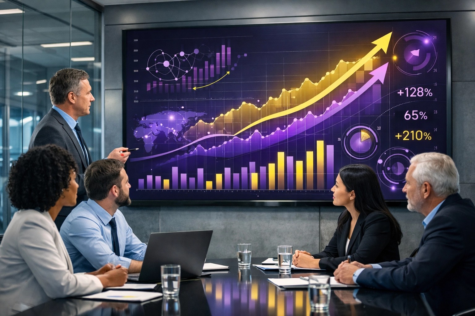 Marketing experts analyzing a revenue growth system and local SEO data metrics.