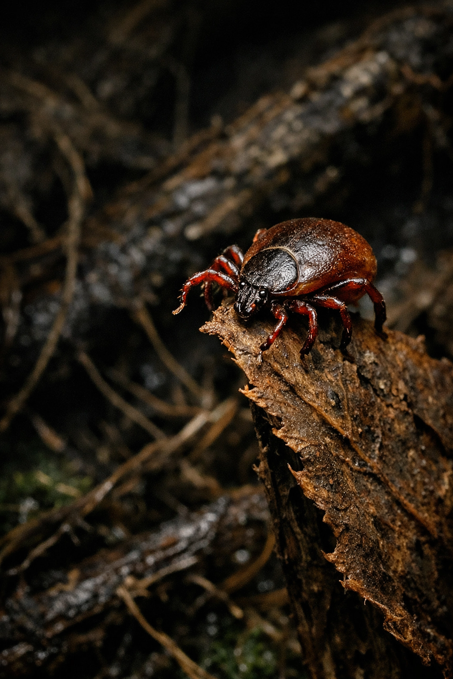 Close-up of a tick on a leaf in overgrown brush highlighting pest control needs.