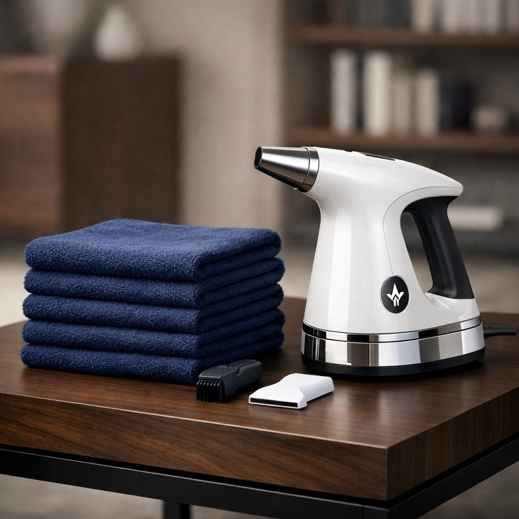 Professional eco-friendly luxury cleaning tools and steam cleaner prepared for a Hingham estate clean.