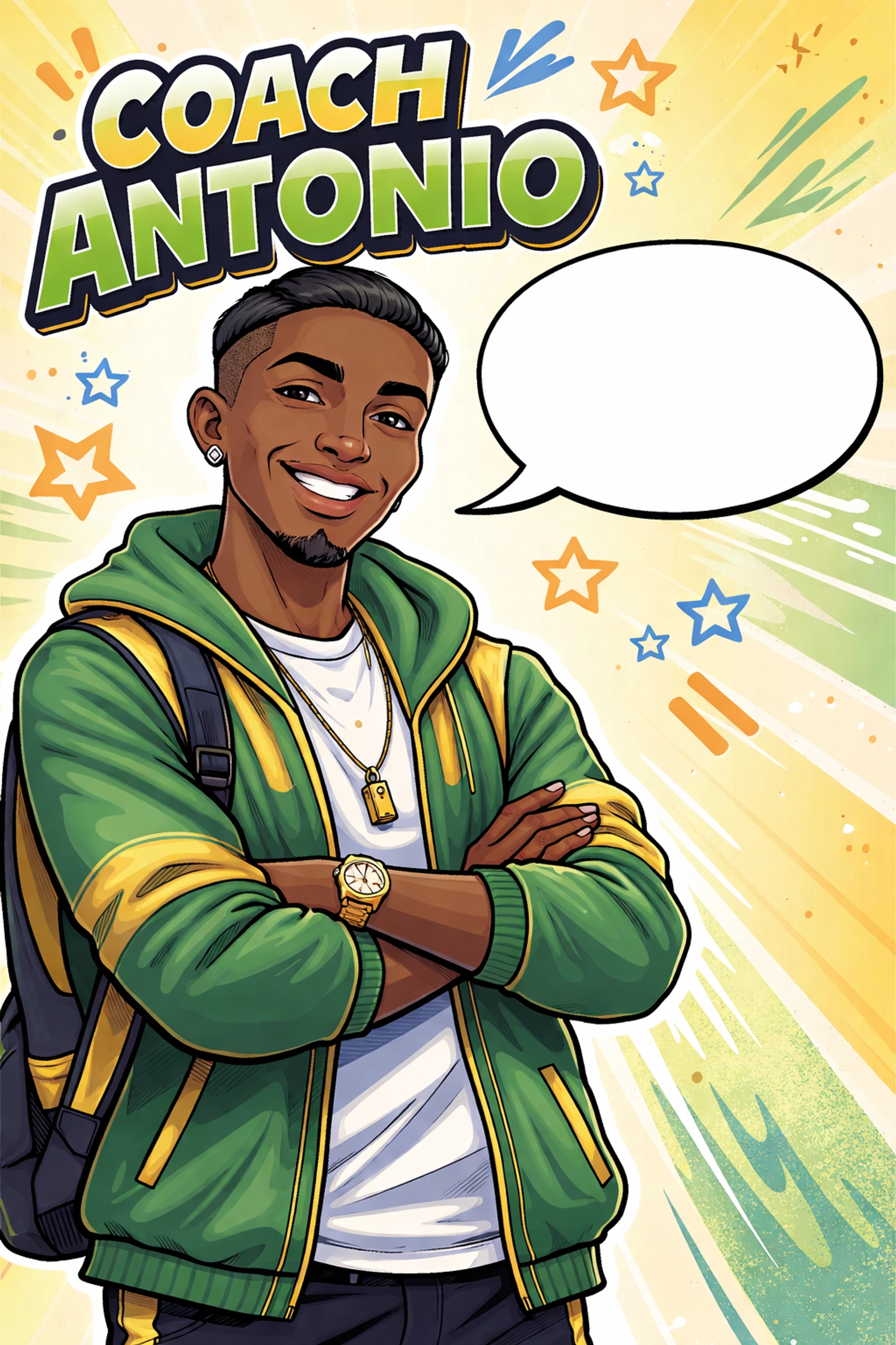 Comic-style illustration of Coach Antonio, a confident Black male mentor, demonstrating magnanimity with strength and kindness.