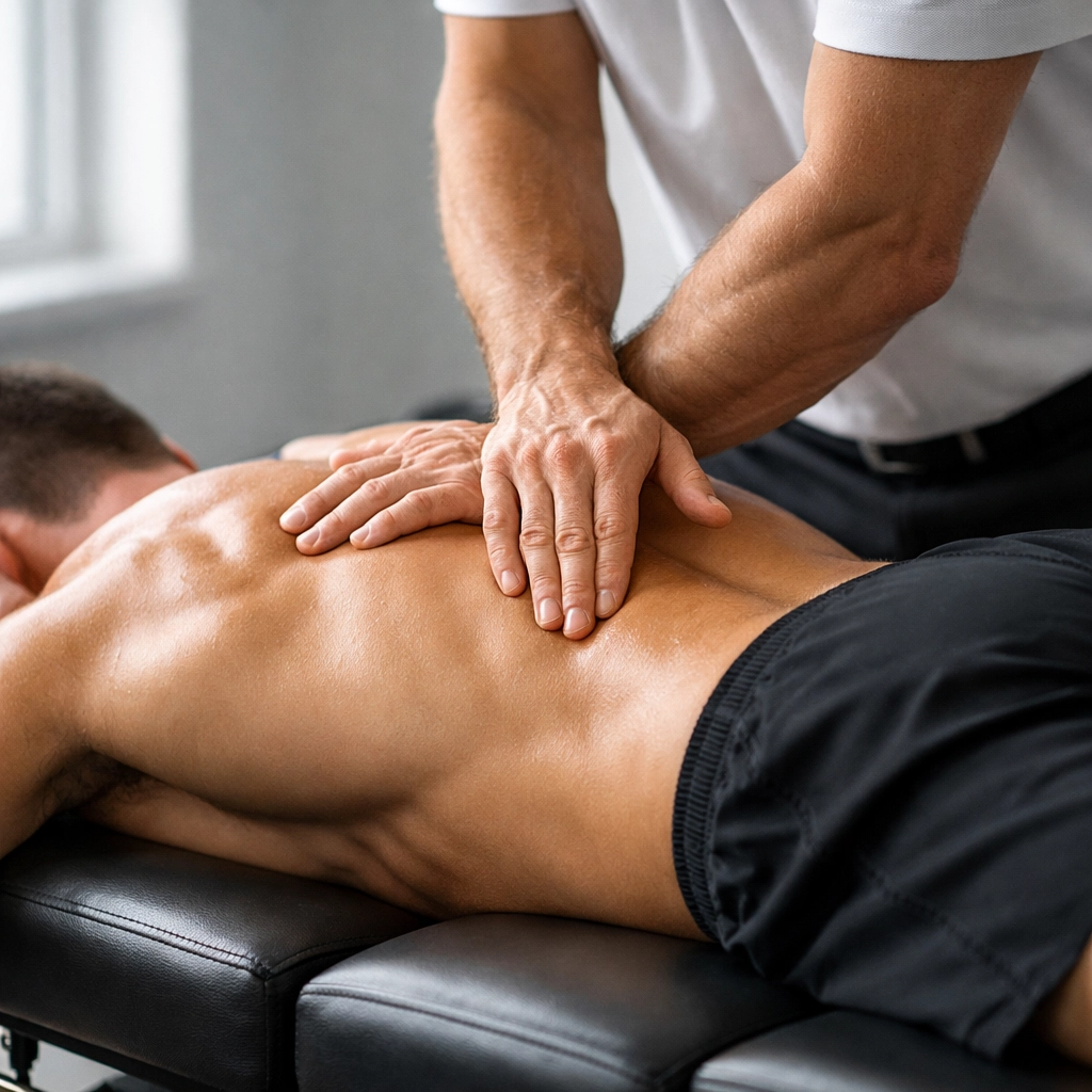 Sports chiropractor performing a spinal adjustment on an athlete to improve alignment and joint mobility.