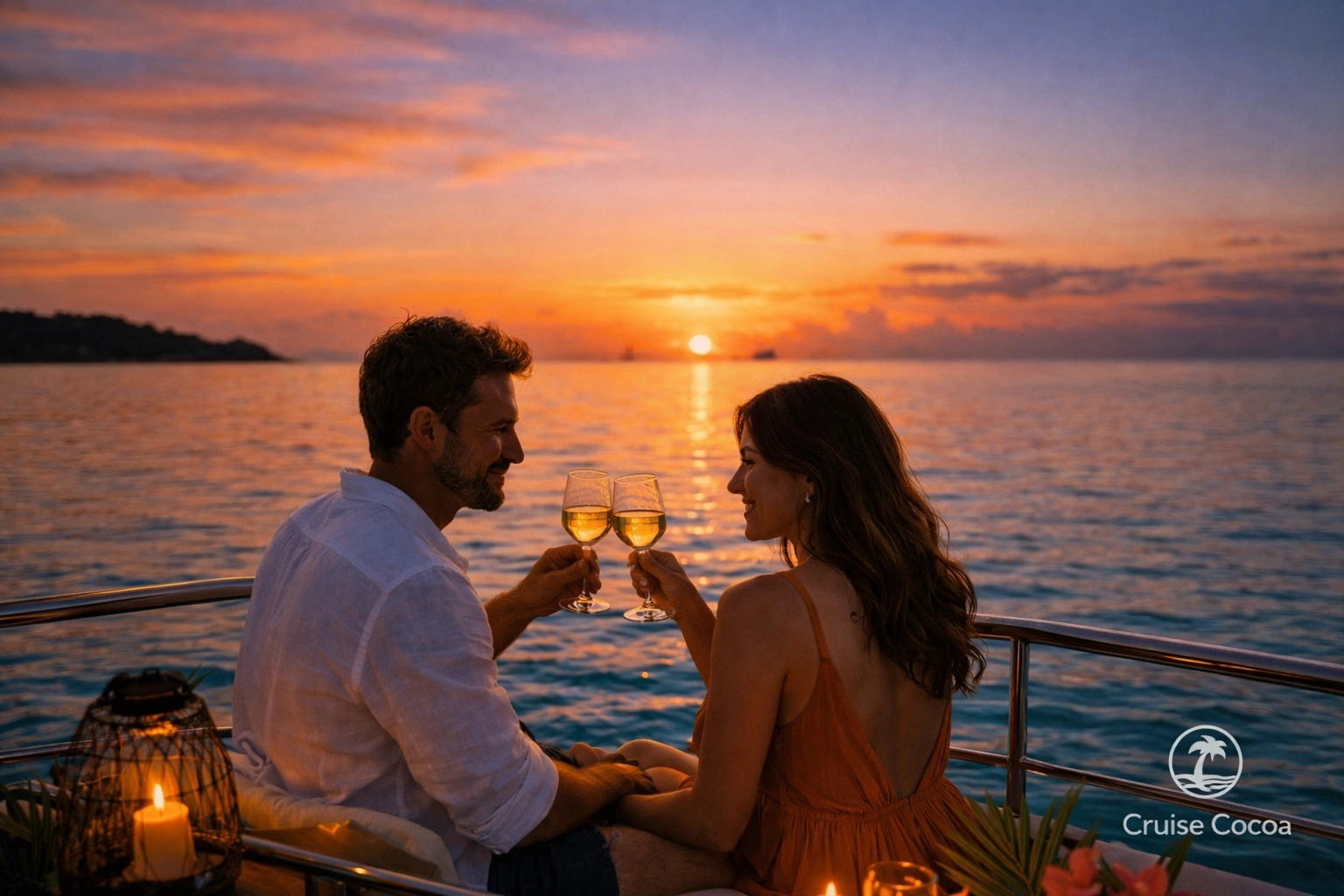 Couple toasting with wine on romantic Cocoa Beach sunset cruise date night