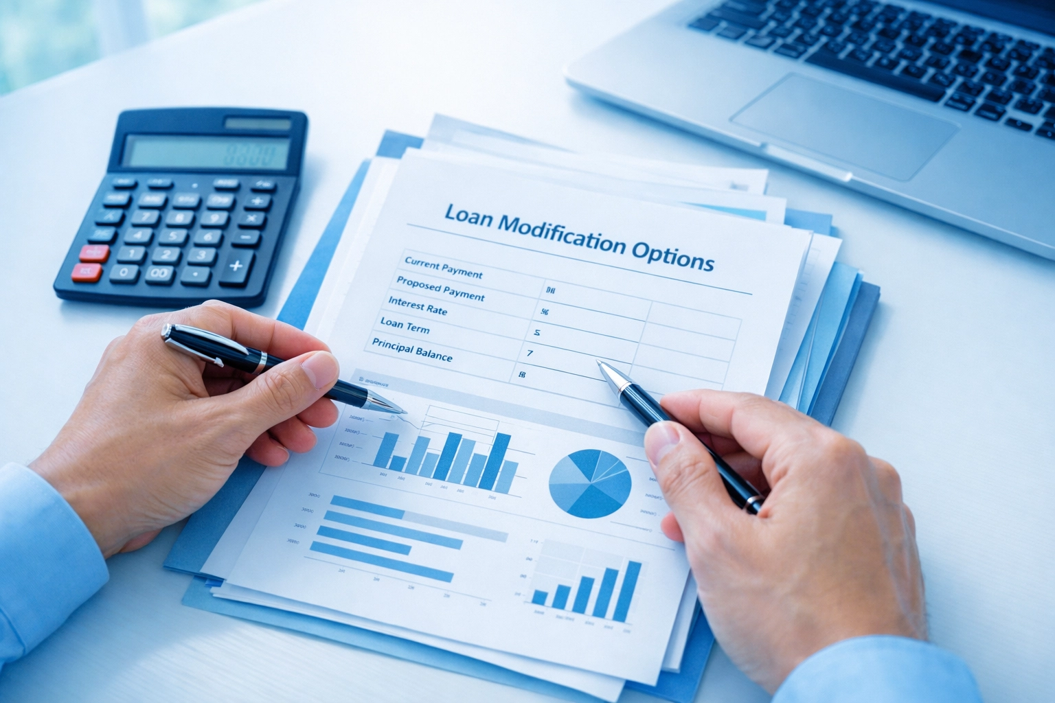 Homeowner reviewing loan modification documents and financial paperwork to avoid foreclosure Homeowner reviewing loan modification documents and financial paperwork to avoid foreclosure