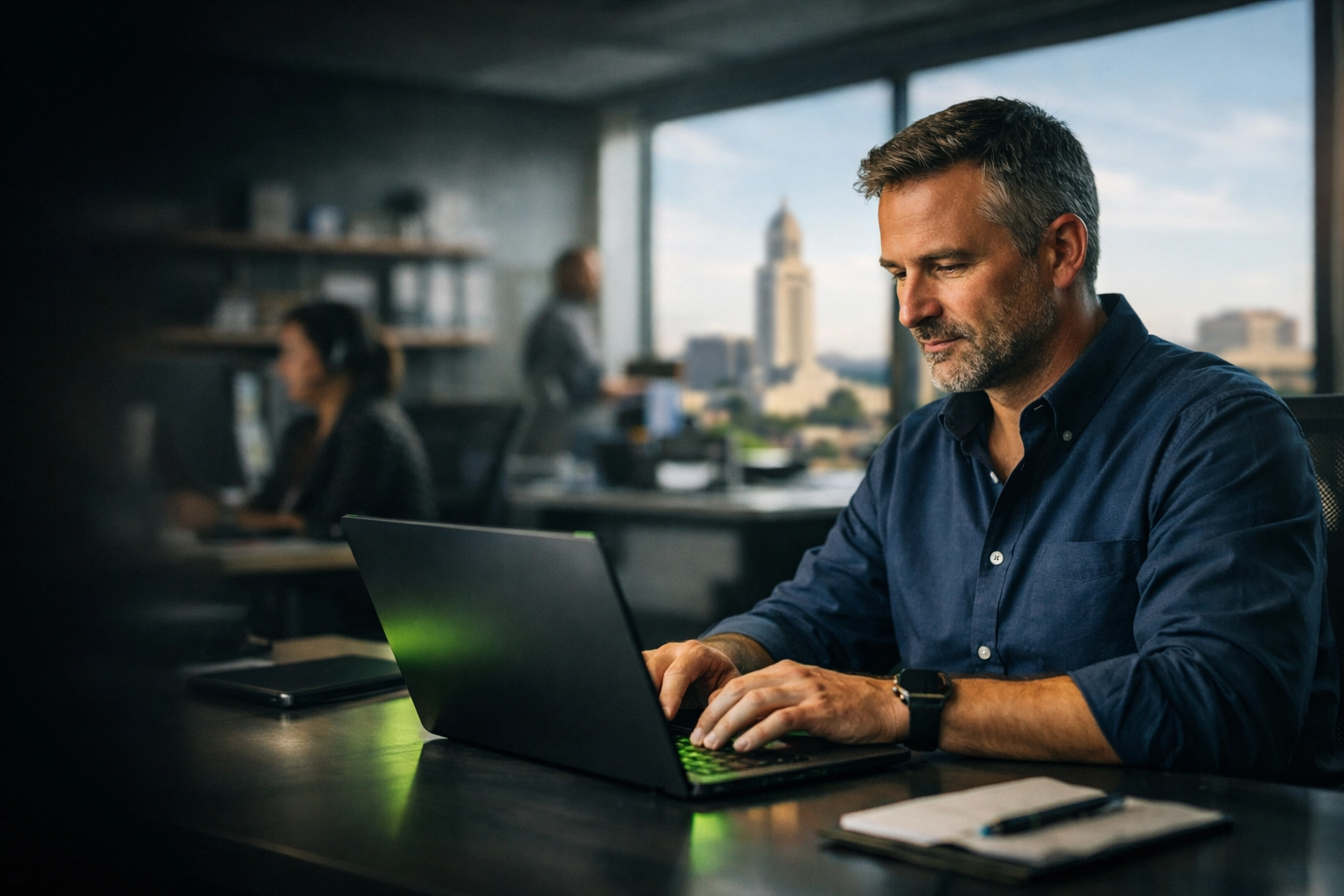 A Lincoln NE business manager working efficiently in a professional office with proactive managed IT services.