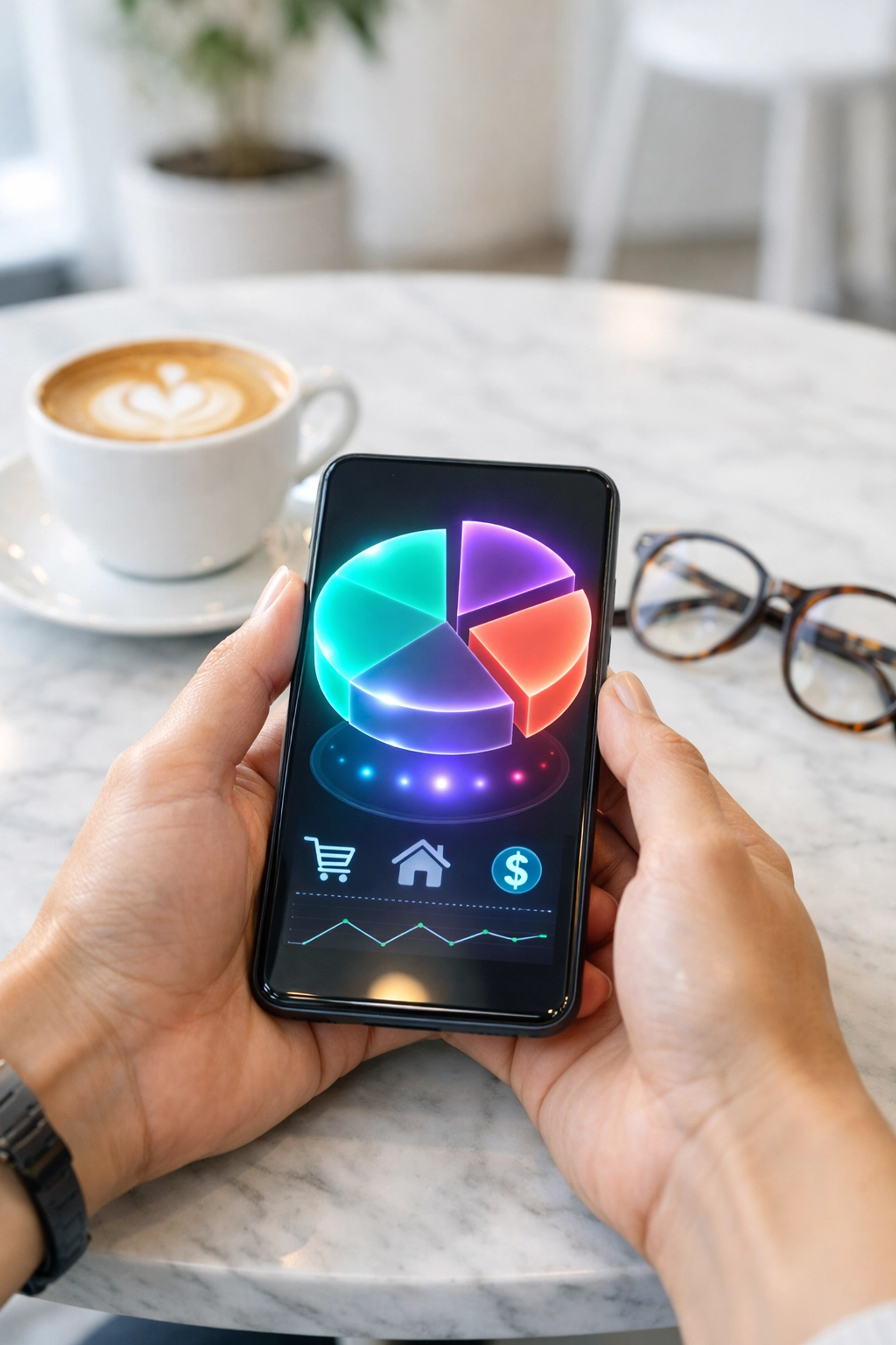 A person using a mobile app to track spending categories and manage a monthly budget at a cafe.