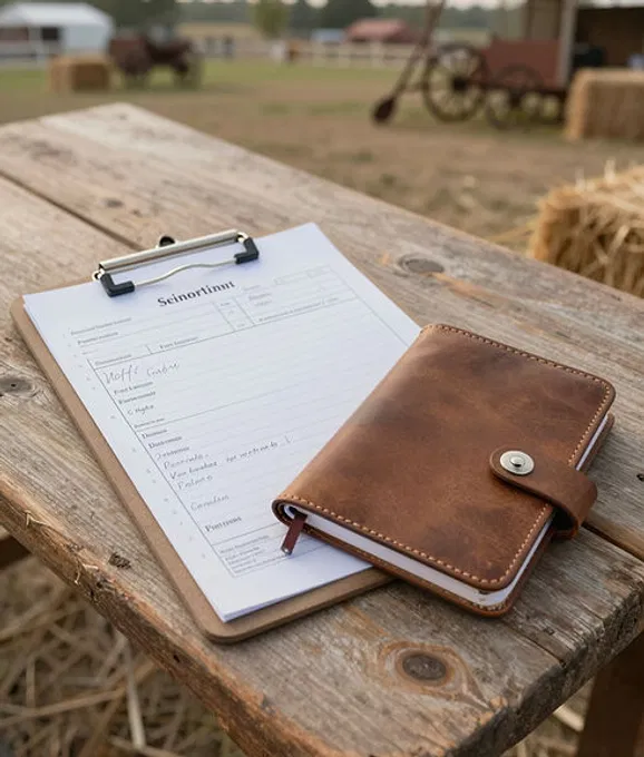 A clipboard and organized fair planning documents on a rustic table