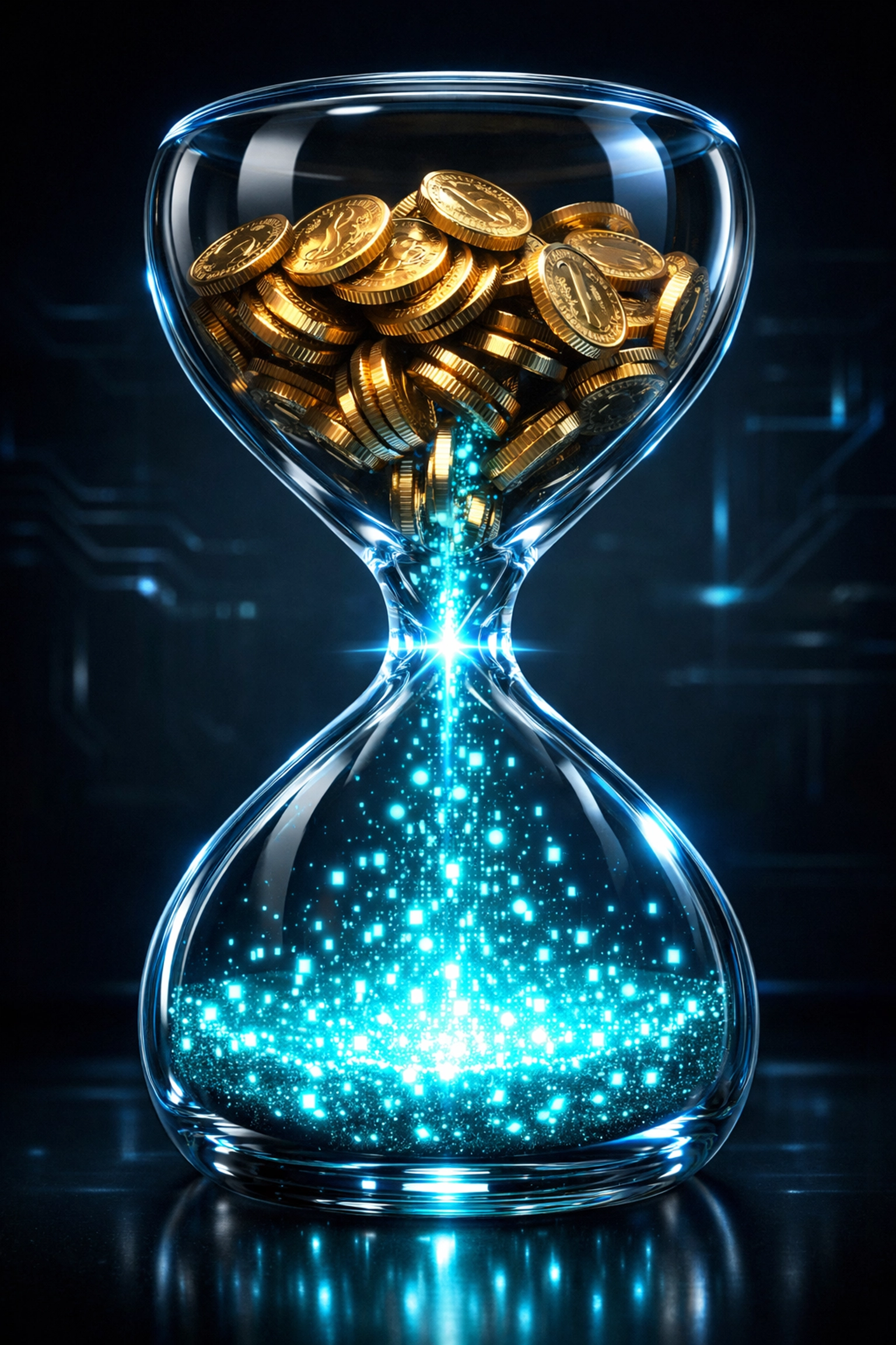 Glass hourglass symbolizing the transition from high merchant fees to efficient Larecoin digital payments.