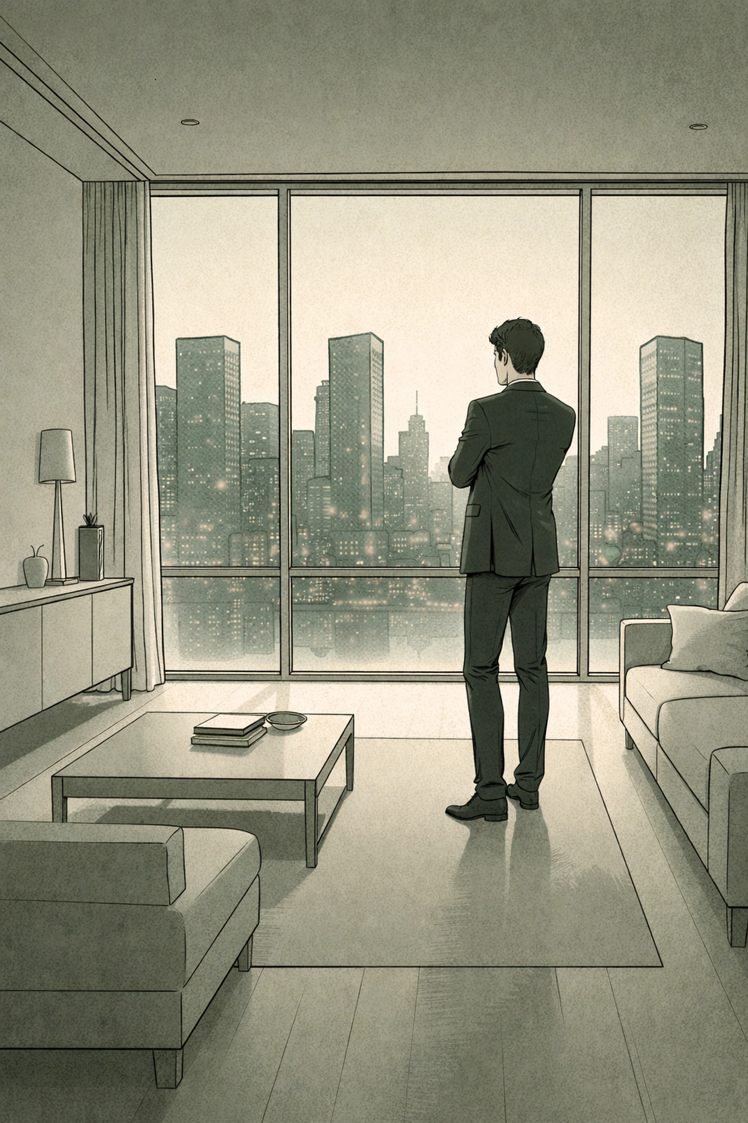 Guarded hero Julian Thorne alone in his minimalist penthouse, embodying the MM romance trope of emotional isolation