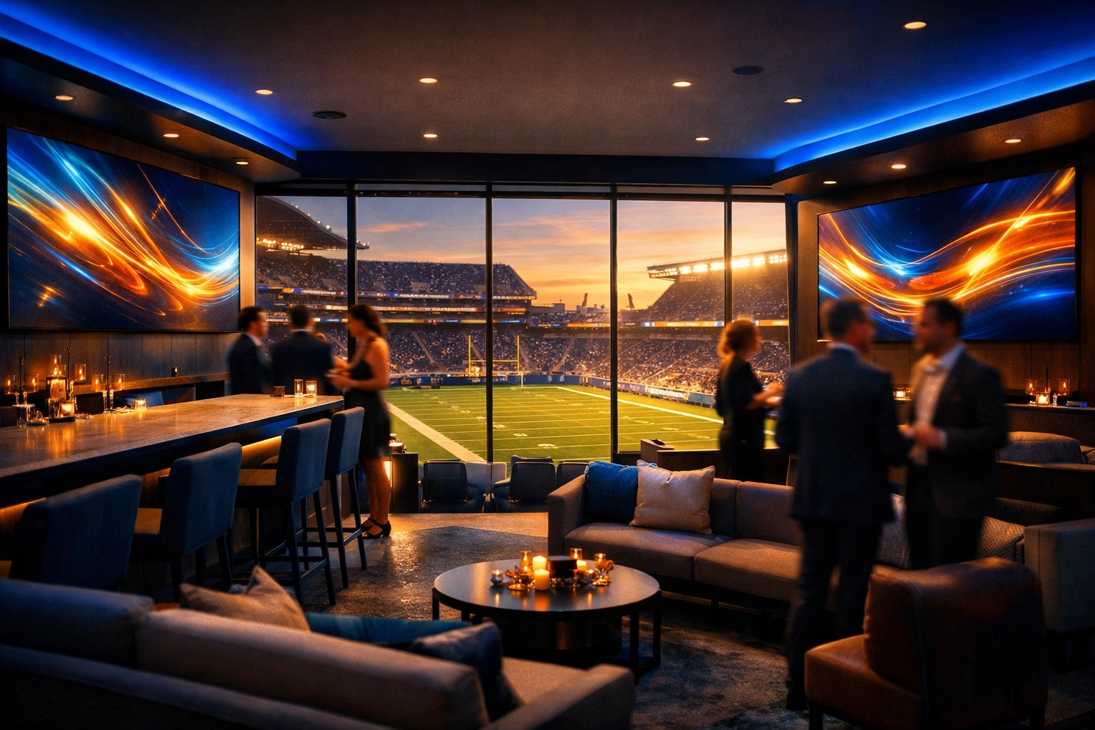 Modern VIP corporate suite overlooking a football stadium, designed for an immersive Super Bowl brand activation.