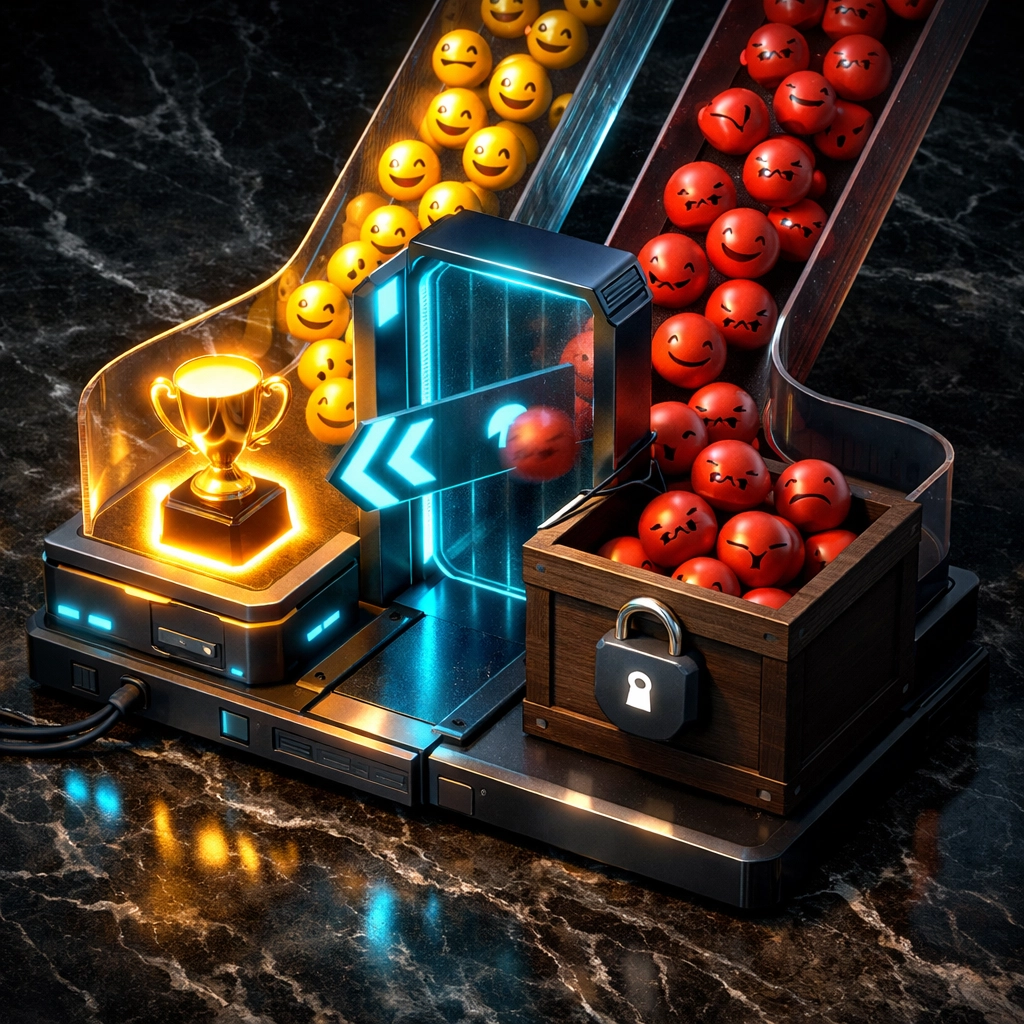 Illustration of review gating showing a digital filter separating happy and unhappy customer feedback.