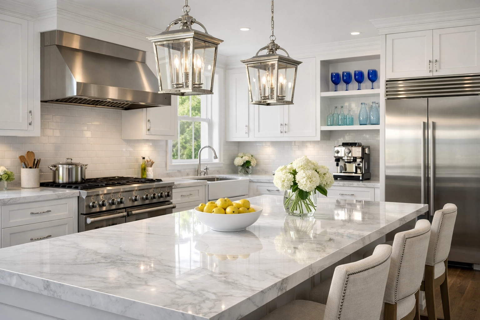 Spotless luxury kitchen with marble countertops after a professional deep cleaning in Sharon.
