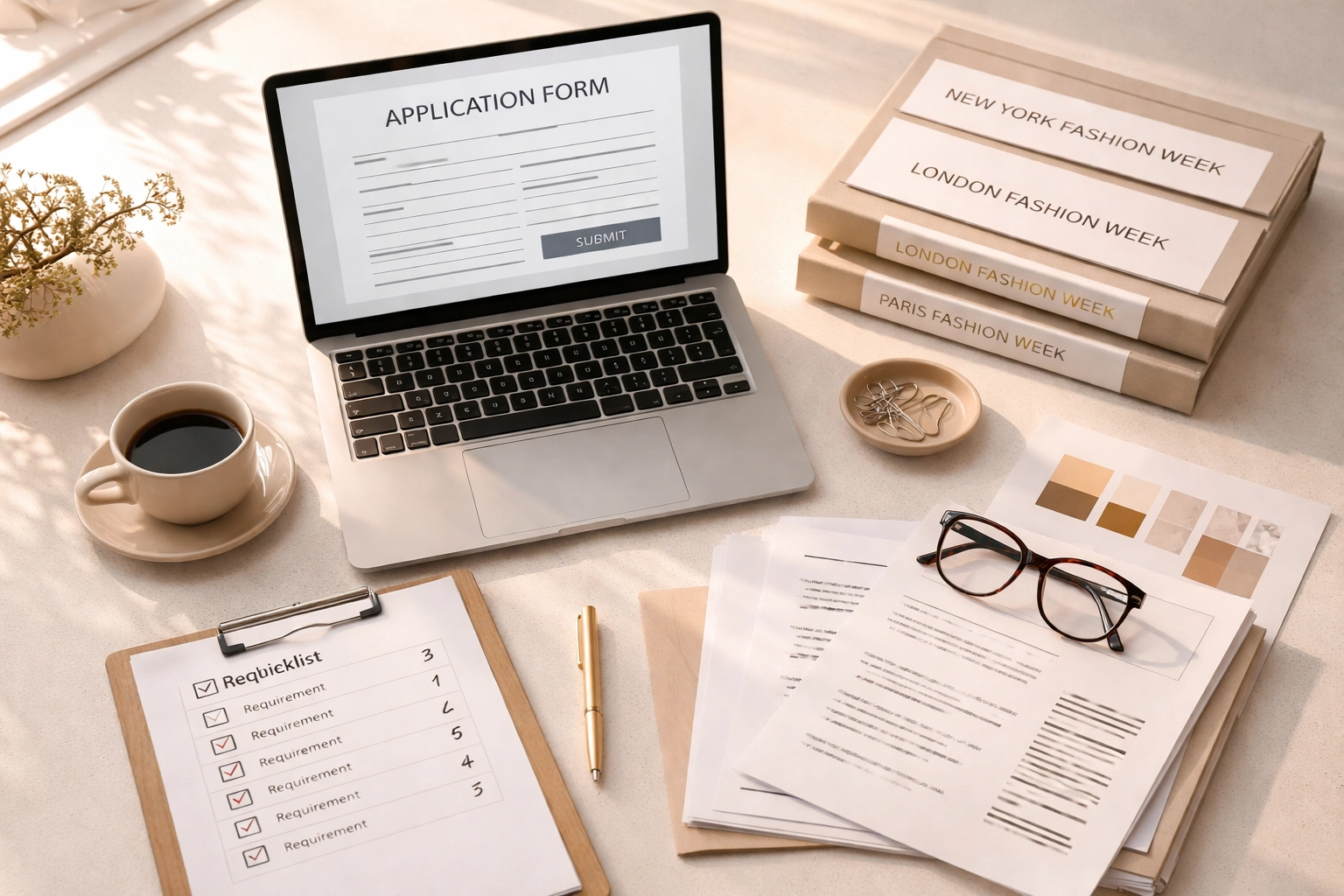 Organized fashion week application workspace with laptop, checklist, and folders illustrating application preparation and accuracy.