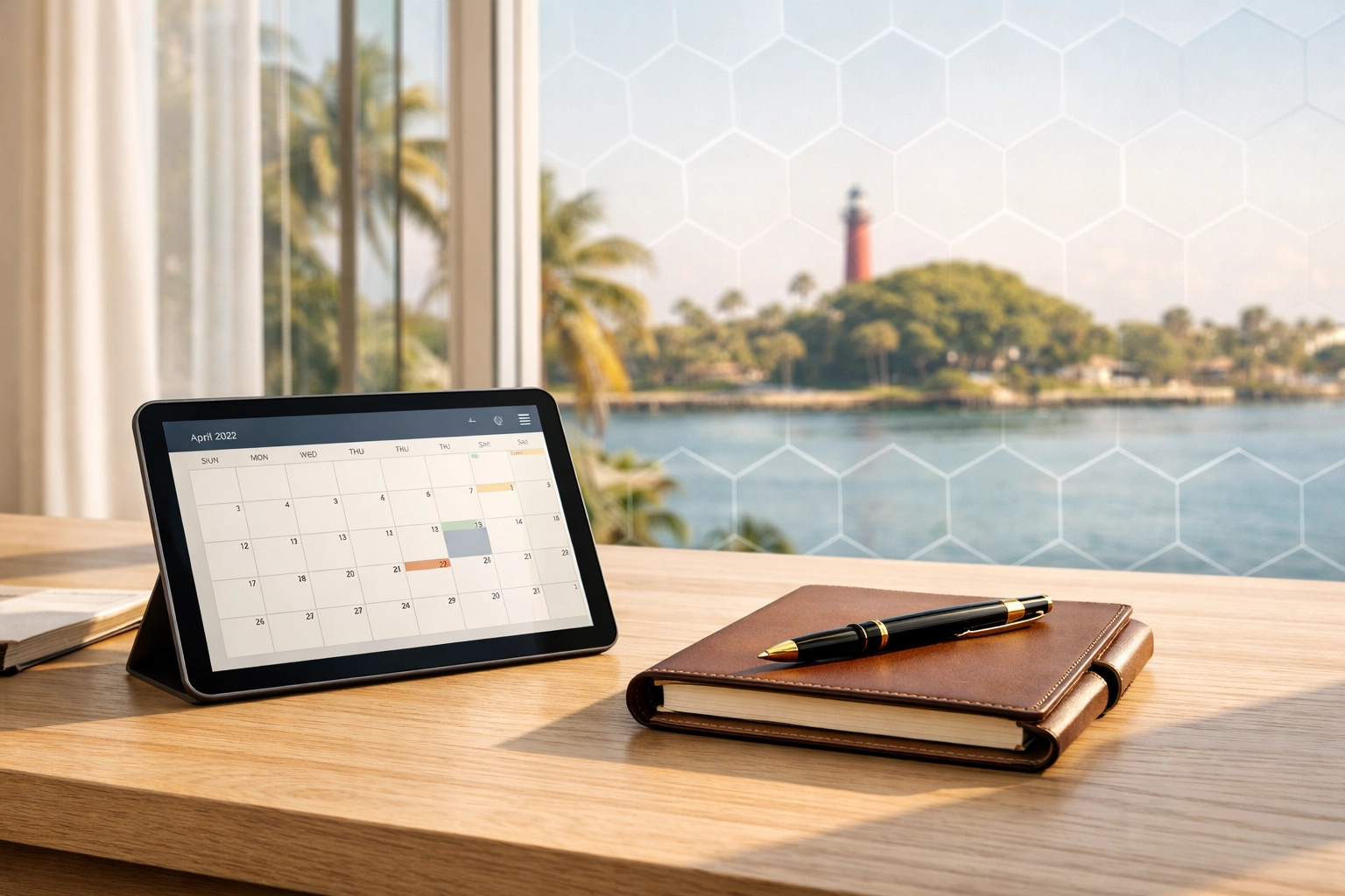 Home office in Jupiter with a digital calendar and planner used for tracking the 183-day residency rule.