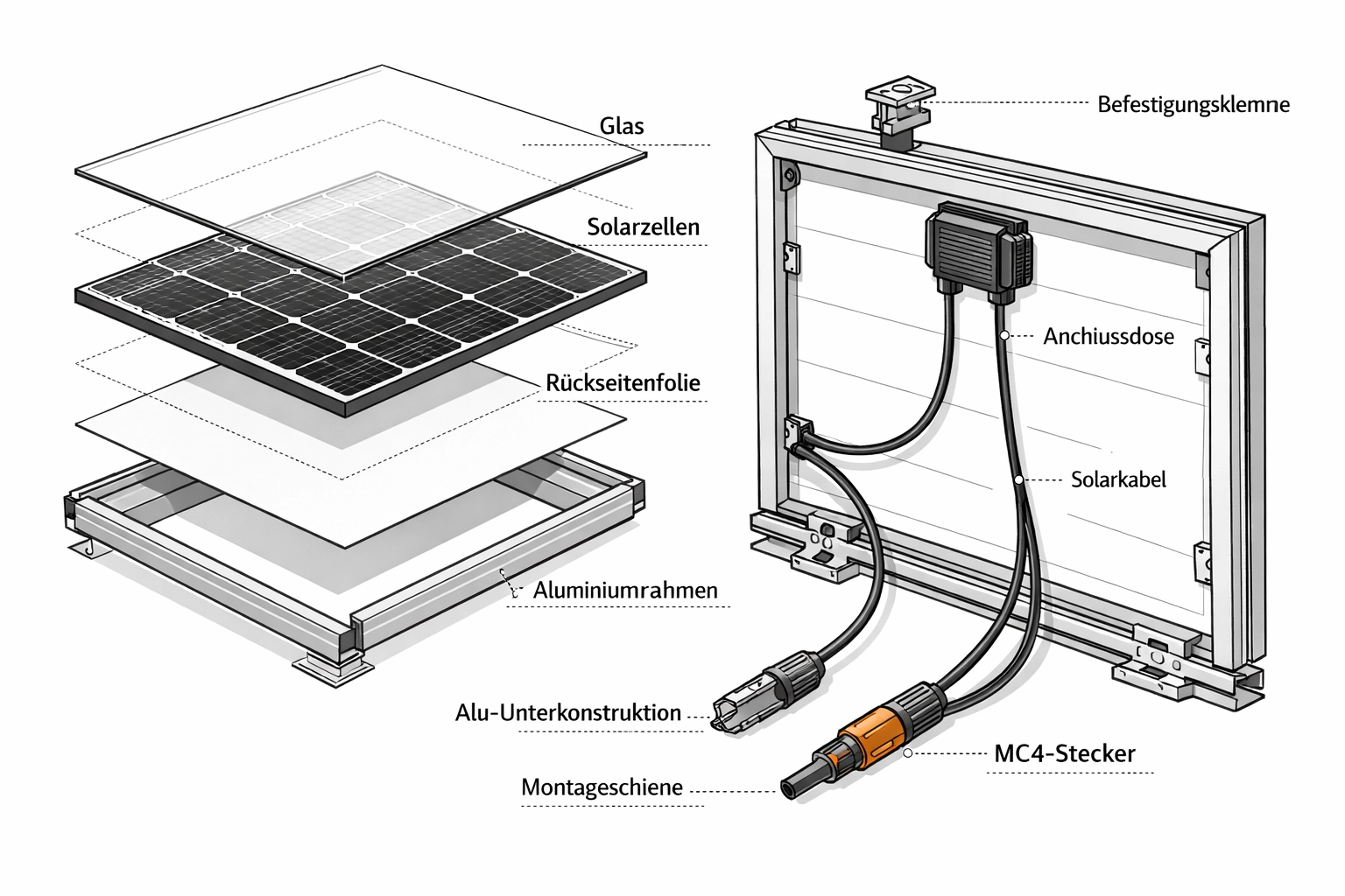 Detaillierter Aufbau eines PV-Moduls für die technische Dokumentation in Wien.